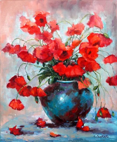 绘画 标题为“Poppies in Vase 3” 由Olga Egorov, 原创艺术品, 油 安装在木质担架架上