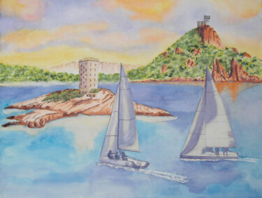 AQUARELLE originale et unique: ile d'Or et Cap Dramont Peinture intitulée "AQUARELLE originale…" par Isabelle Redonnet, Œuvre d'art originale, Aquarelle