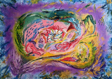 Rosafarbener Drache in einem violetten Dunst Malerei mit dem Titel "Rosafarbener Drache…" von Ellen Frischbutter, Original-Kunstwerk, Öl
