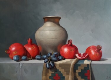 Still life with pomegranates (50x70cm, oil painting Peinture intitulée "Still life with pom…" par Sergey Miqayelya, Œuvre d'art originale, Huile Monté sur Châssis en bois