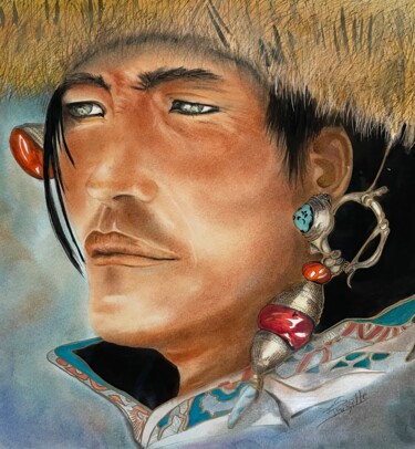 Peinture intitulée "Le Cavalier Khampa" par Brigitte Jorda Juan, Œuvre d'art originale, Aquarelle Monté sur Panneau de bois