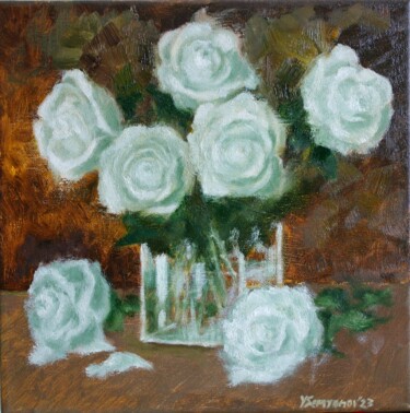 Painting titled "White Tender Roses" by Juri Semjonov, Original Artwork, Oil Mounted on Wood Stretcher frame