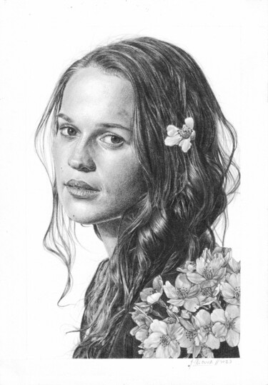 图画 标题为“Alicia Vikander” 由José A. Bustamante, 原创艺术品, 石墨 安装在纸板上