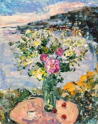 Flowers In The Vase Impasto Oil Painting On Canvas 「Flowers In The Vase…」というタイトルの絵画 Vilma Gataveckieneによって, オリジナルのアートワーク, オイル