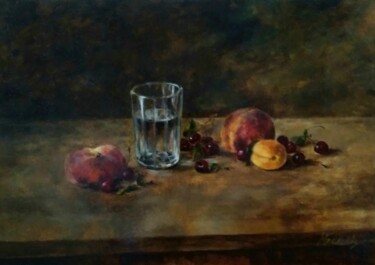 Glass of water and peaches Painting titled "Glass of water and…" by Maria Bel, Original Artwork, Oil