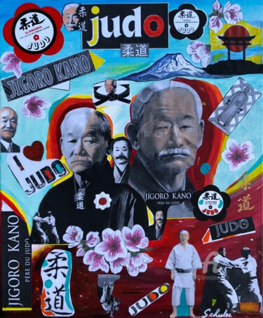 Judo: Jigoro KANO en pop art Collages titled "Judo: Jigoro KANO e…" by Valérie Schuler, Original Artwork, Collages Mounted on Wood Stretcher frame