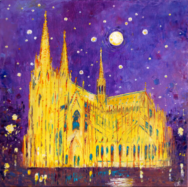 Cologne Cathedral and Sky Full Of Stars Painting titled "Cologne Cathedral a…" by Natalia Shchipakina, Original Artwork, Oil Mounted on Wood Stretcher frame