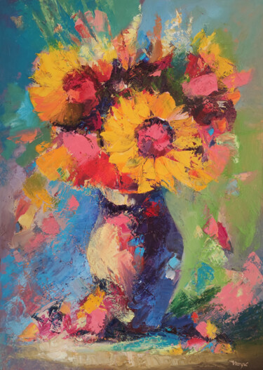 Sunflowers 80x60cm, oil painting, palette knife Pintura intitulada "Sunflowers 80x60cm,…" por Hayk Miqayelyan, Obras de arte originais, Óleo Montado em Armação em madeira