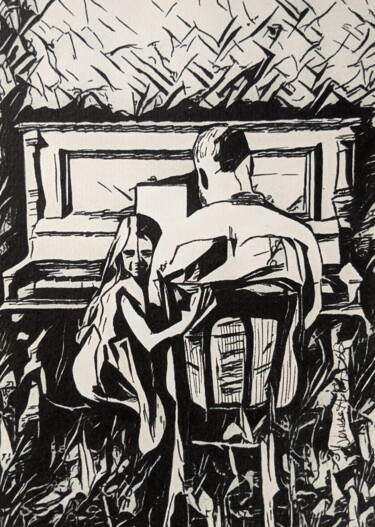 ME AND MY DAD AT THE PIANO 01 图画 标题为“ME AND MY DAD AT TH…” 由Denise Nys, 原创艺术品, 墨