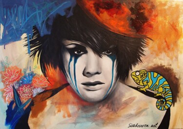 Emotional Resilience Art - Abstract Chameleon Painting. 제목이 "Emotional Resilienc…"인 미술작품 Daheaven Art로, 원작, 기름 나무 들것 프레임에 장착됨