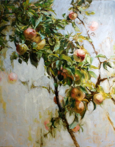 Young apple tree with fruits Painting titled "Young apple tree wi…" by Elena Mashajeva-Agraphiotis, Original Artwork, Oil