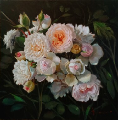 Painting titled ""Rosas do Jardim*" by Irisney Bosco, Original Artwork, Oil Mounted on Wood Stretcher frame