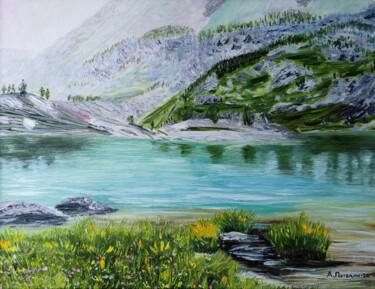 Картина под названием "Landscape with a la…" - Aleksandr Petelin, Подлинное произведение искусства, Масло