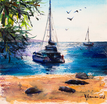 Catamaran on the sea in the light of the sun. 绘画 标题为“Catamaran on the se…” 由Виктория Гаман, 原创艺术品, 水彩