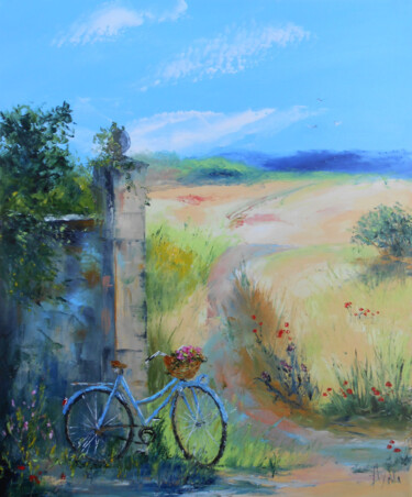 Peinture intitulée "Le Vélo bleu" par Axelle Bosler, Œuvre d'art originale, Huile Monté sur Châssis en bois