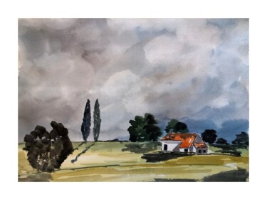 Peinture intitulée "Les peupliers" par Dupicard, Œuvre d'art originale, Aquarelle