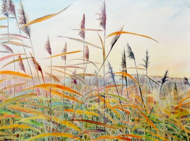 「Fen Reeds」というタイトルの絵画 Elizabeth Sadlerによって, オリジナルのアートワーク, 水彩画 その他の剛性パネルにマウント