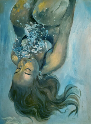 Femme dans une piscine sous l'eau Peinture intitulée "Femme dans une pisc…" par Nadège Lafon, Œuvre d'art originale, Huile Monté sur Panneau de bois