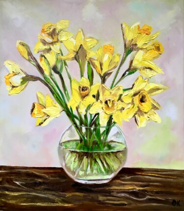 绘画 标题为“Daffodils in a vase…” 由Olga Koval, 原创艺术品, 油 安装在木质担架架上