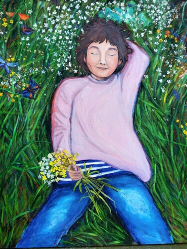 JEANNE DANS L’HERBE Peinture intitulée "JEANNE DANS L’HERBE" par Isabelle Brisset, Œuvre d'art originale, Huile Monté sur Châssis en bois