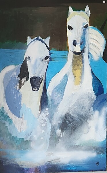 Peinture intitulée "Chevaux camarguais 2" par Valérie Blum (Valery), Œuvre d'art originale, Acrylique Monté sur Châssis en b…