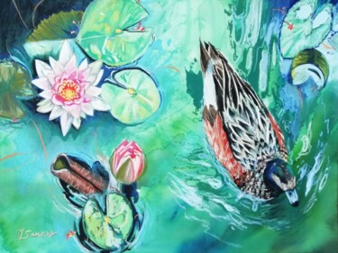 Painting titled "CANARD ET NÉNUPHARS" by Marine Sansas, Original Artwork, Pastel