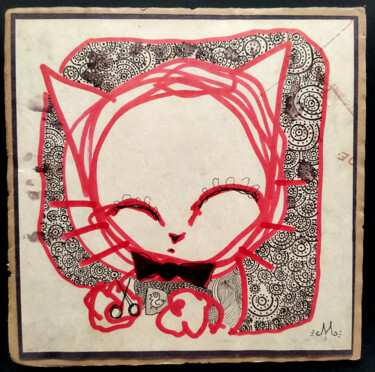 图画 标题为“Small red cat” 由Grotsk, 原创艺术品, 标记 安装在纸板上
