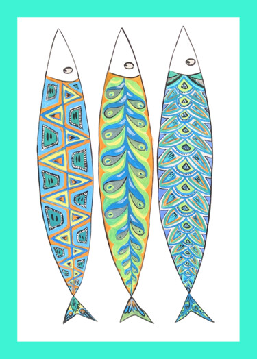 3 sardines vertes et cadre vert Peinture intitulée "3 sardines vertes e…" par Anne Cabon, Œuvre d'art originale, Acrylique