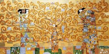 Tree of life. Large relief golden horizontal painting Malarstwo zatytułowany „Tree of life. Large…” autorstwa Bast, Oryginalna praca, Akryl Zamontowany na Drewniana rama noszy