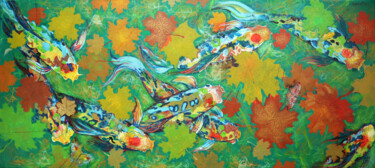 Koi Fish on Green. Painting titled "Koi Fish on Green." by Rakhmet Redzhepov, Original Artwork, Acrylic Mounted on Wood Stretcher frame