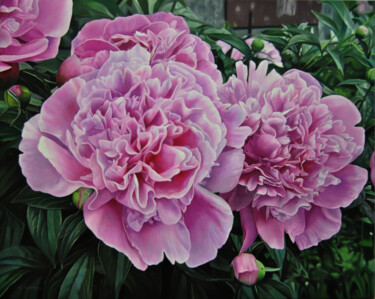 Painting titled "Peonies" by Valeri Tsvetkov, Original Artwork, Oil Mounted on Wood Stretcher frame