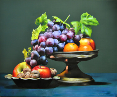 Still life with fuits Painting titled "Still life with fui…" by Valeri Tsvetkov, Original Artwork, Oil Mounted on Wood Stretcher frame