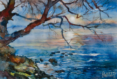 Old oak tree on stones above the river. Evening Peinture intitulée "Old oak tree on sto…" par Oleksandr Desiat, Œuvre d'art originale, Aquarelle