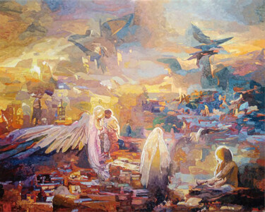 绘画 标题为“The Angels' Prayer” 由Nicoleta Nica, 原创艺术品, 油 安装在木质担架架上