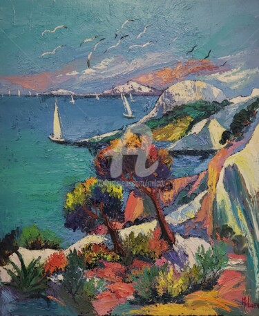 Peinture intitulée "Calanque aux mouett…" par Milorv, Œuvre d'art originale, Huile