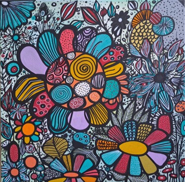 Painting titled "Automn flowers" by Melymelo, Original Artwork, Acrylic Mounted on Wood Stretcher frame