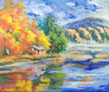 "Au bord de l'eau" - cabane, arbres d'automne et lac bleu Peinture intitulée ""Au bord de l'eau"…" par Sandrine Lefebvre, Œuvre d'art originale, Acrylique Monté sur Châssis en bois