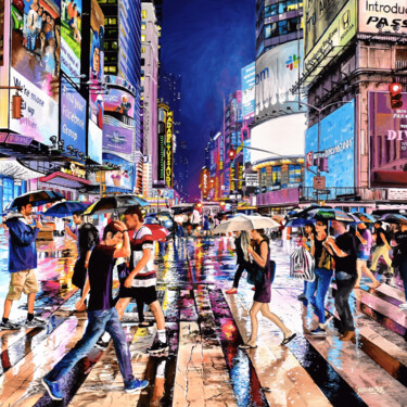 42 St. Rainy Night (New York #113) Pittura intitolato "42 St. Rainy Night…" da Sócrates Rízquez, Opera d'arte originale, Smalto Montato su Alluminio