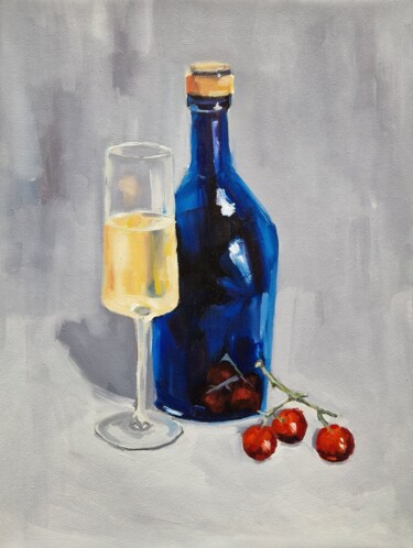 Still life with blue bottle Painting titled "Still life with blu…" by Tatiana Karchevskaya, Original Artwork, Oil