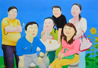绘画 标题为“天蓝草绿春天到” 由张开溪, 原创艺术品, 油 安装在木质担架架上
