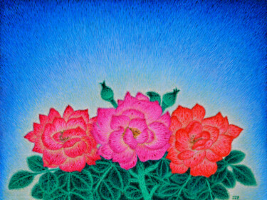 绘画 标题为“三朵芙蓉花” 由张开溪, 原创艺术品, 油 安装在木质担架架上