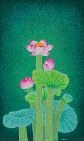 绘画 标题为“三朵莲花” 由张开溪, 原创艺术品, 油 安装在木质担架架上