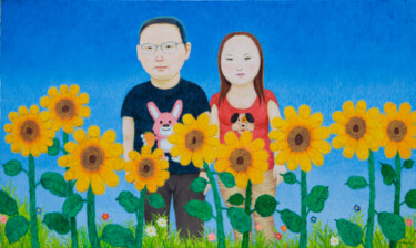 绘画 标题为“走过一片葵花地” 由张开溪, 原创艺术品, 油 安装在木质担架架上