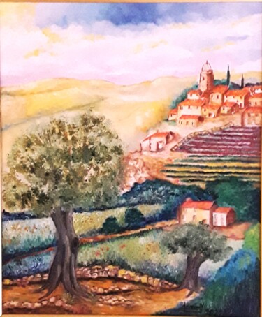 Painting titled "RASTEAU VILLAGE PER…" by Claude Lamamy, Original Artwork, Oil