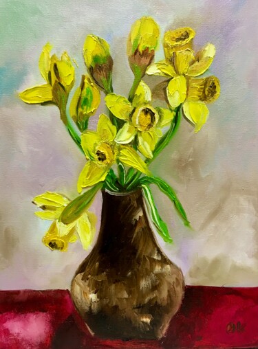 绘画 标题为“Daffodils on red ta…” 由Olga Koval, 原创艺术品, 油 安装在木质担架架上