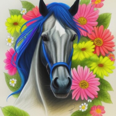 「Cavallo e fiori 2」というタイトルの描画 Daniela La Rovereによって, オリジナルのアートワーク, コンテ
