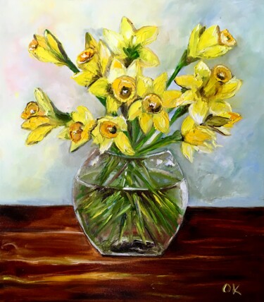 绘画 标题为“Daffodils on wooden…” 由Olga Koval, 原创艺术品, 油 安装在木质担架架上