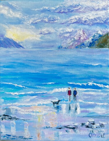 People Beach Painting Dog Beach Original Art Ocean waves art 绘画 标题为“People Beach Painti…” 由Olga Mart, 原创艺术品, 油 安装在木质担架架上
