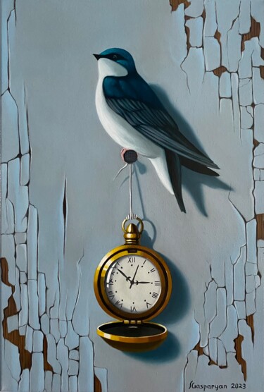 Still life with bird and clock (24x35cm, oil painting) 绘画 标题为“Still life with bir…” 由Ara Gasparyan, 原创艺术品, 油 安装在木质担架架上