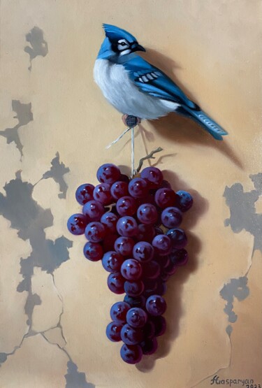 Still life with bird and grape (24x35cm, oil painting) 绘画 标题为“Still life with bir…” 由Ara Gasparyan, 原创艺术品, 油 安装在木质担架架上